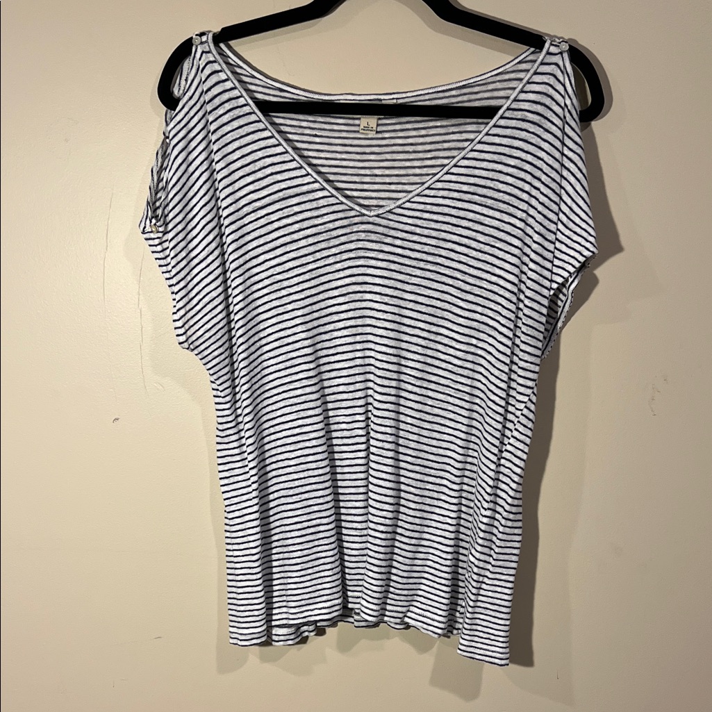 Lucky Brand Navy And White Striped V-Neck Tee